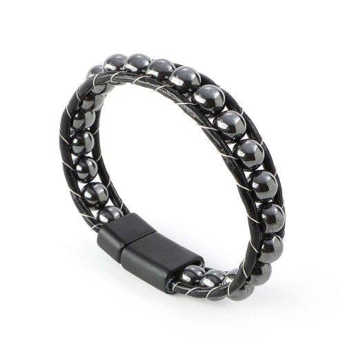 Hematit Doğaltaşlı Deri Bileklik