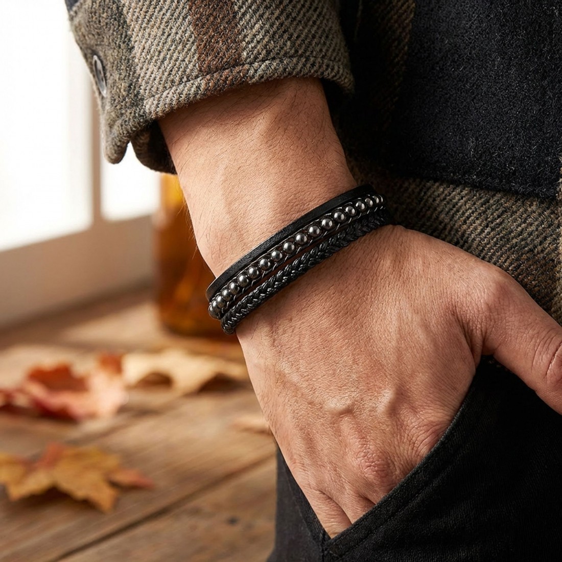 Hematit Doğaltaş Ve Deri Çoklu Bileklik