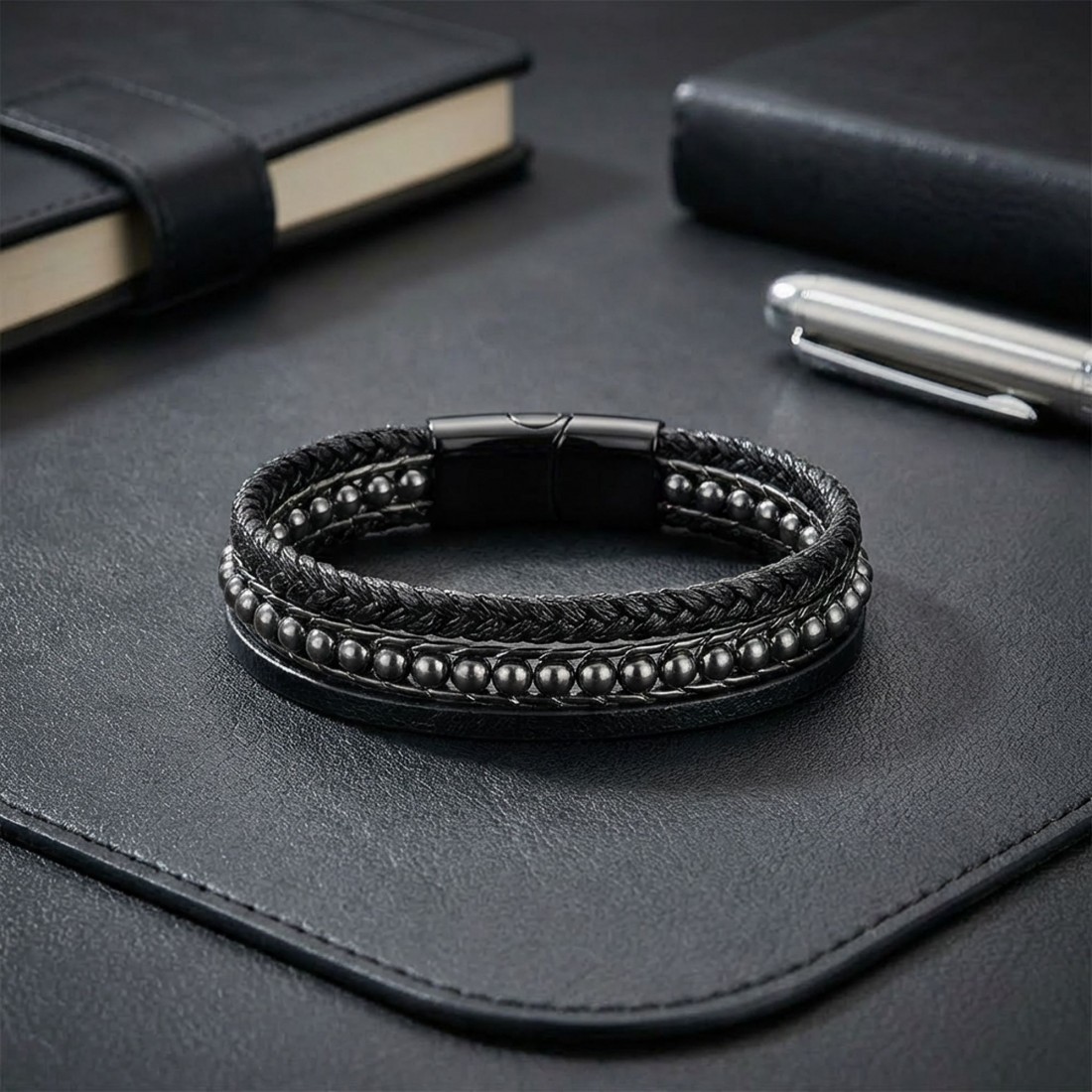 Hematit Doğaltaş Ve Deri Çoklu Bileklik