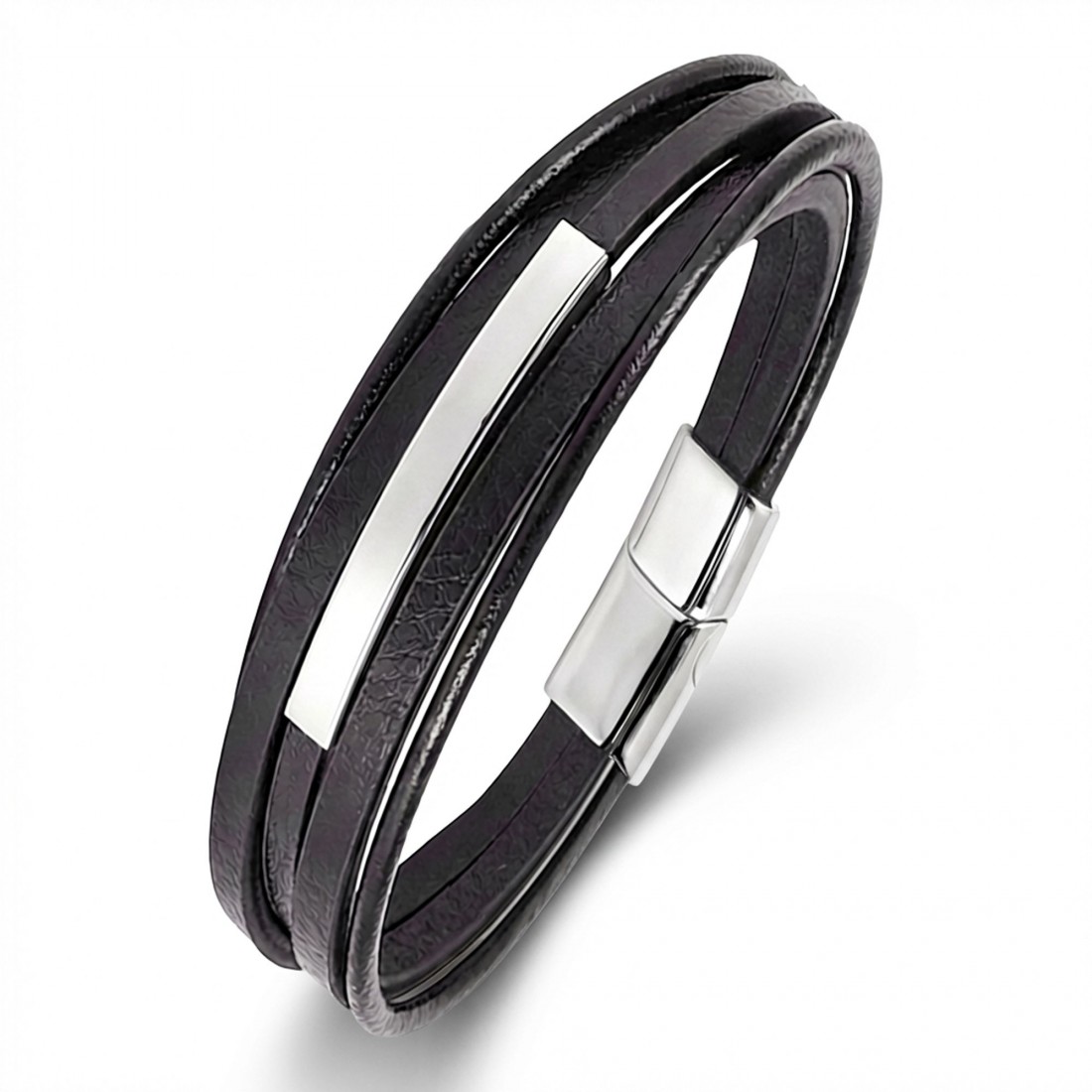 İsim Yazılabilir Beyaz Çelik Plakalı Çoklu Siyah Deri Erkek Bileklik