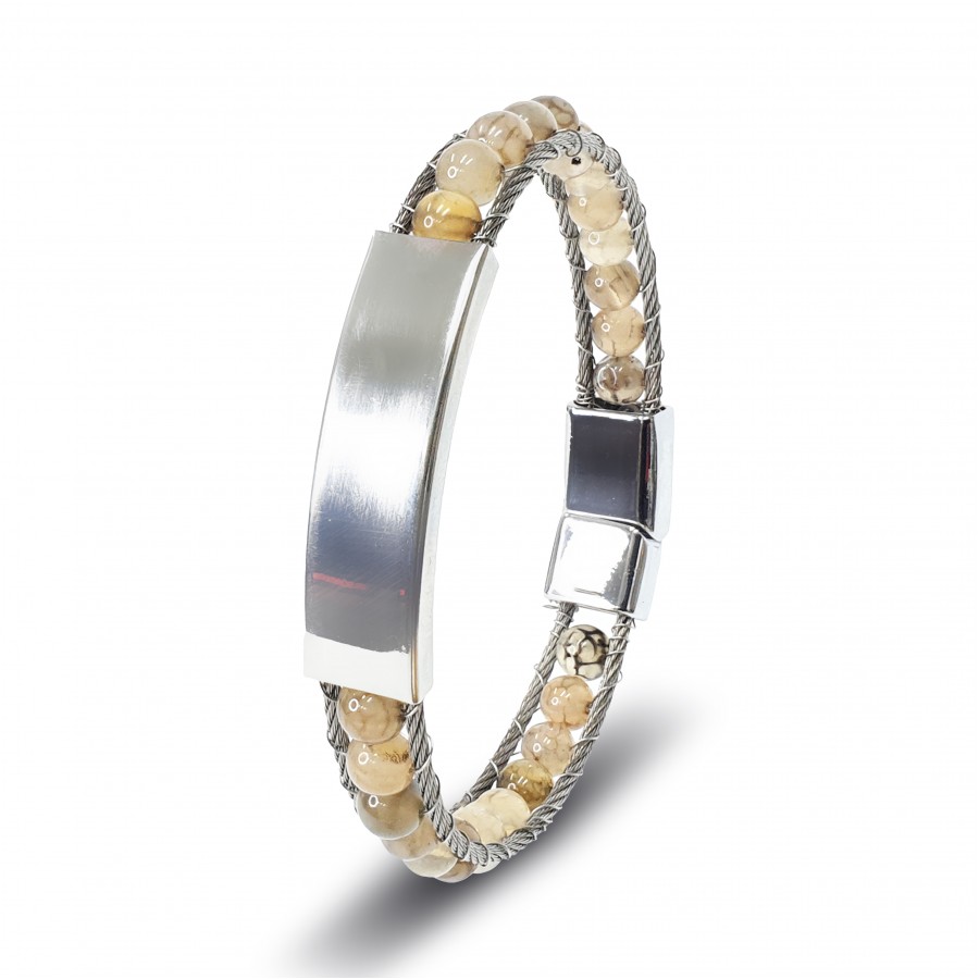 İsim Yazılabilir Çelik Halat Ve Dumanlı Akik Doğaltaş Bileklik