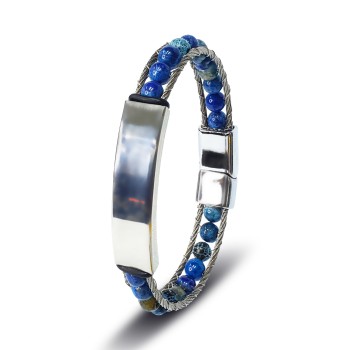 İsim Yazılabilir Çelik Halat Ve Mavi Akik Doğaltaş Bileklik