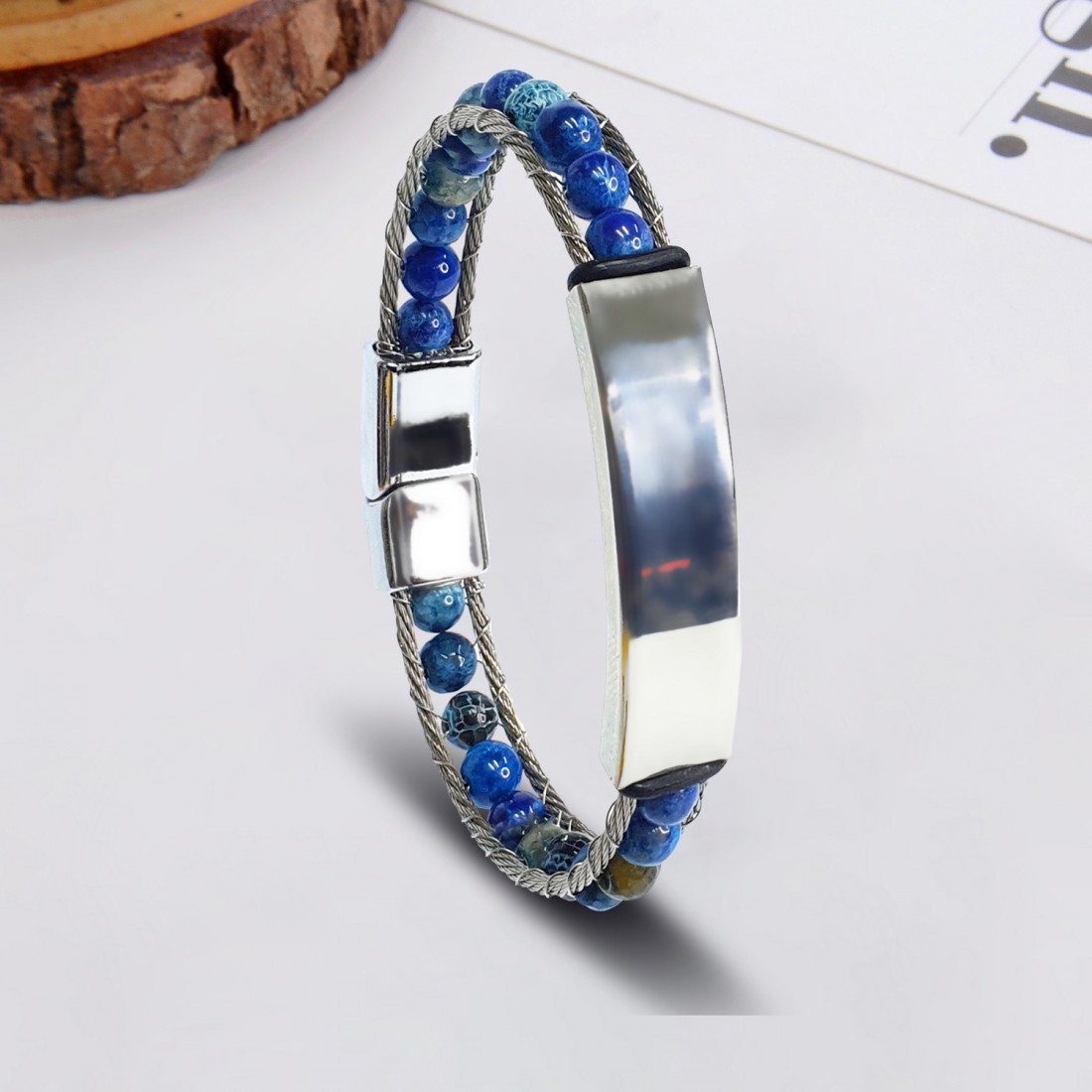 İsim Yazılabilir Çelik Halat Ve Mavi Akik Doğaltaş Bileklik