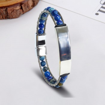 İsim Yazılabilir Çelik Halat Ve Mavi Akik Doğaltaş Bileklik