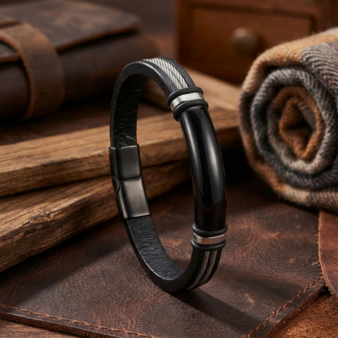 İsim Yazılabilir Çelik Halatlı Deri Ve Siyah Titanyum Kilit Bileklik