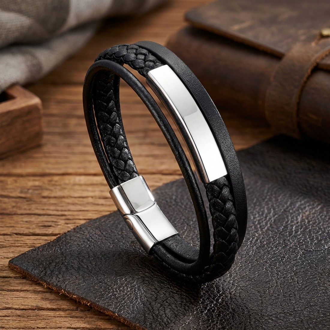 İsim Yazılabilir Deri Çelik Plaka Bileklik – Beyaz