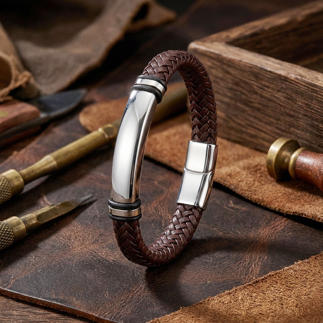 İsim Yazılabilir Kahverengi Deri Ve Bayaz Titanyum Kilit Bileklik