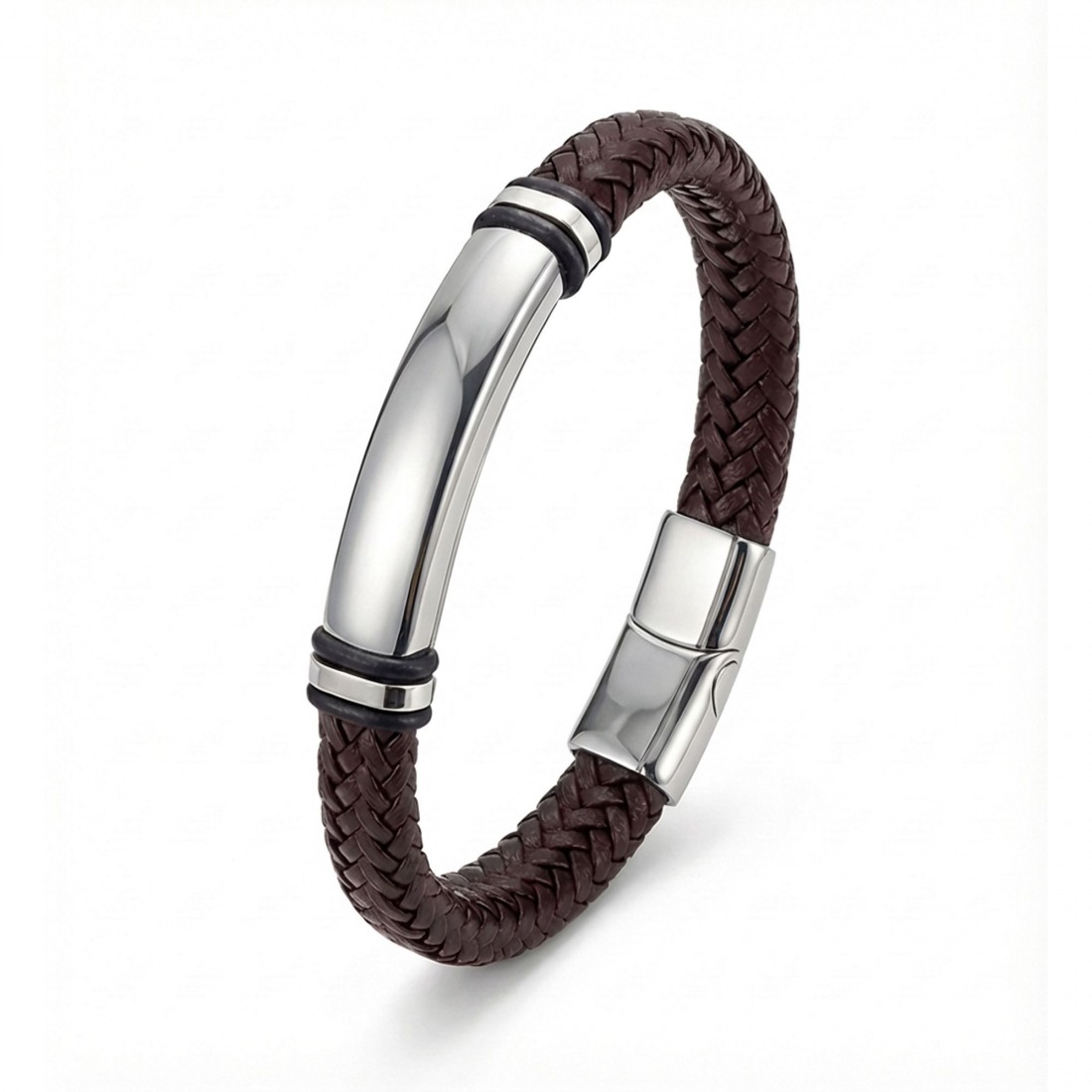 İsim Yazılabilir Kahverengi Deri Ve Bayaz Titanyum Kilit Bileklik