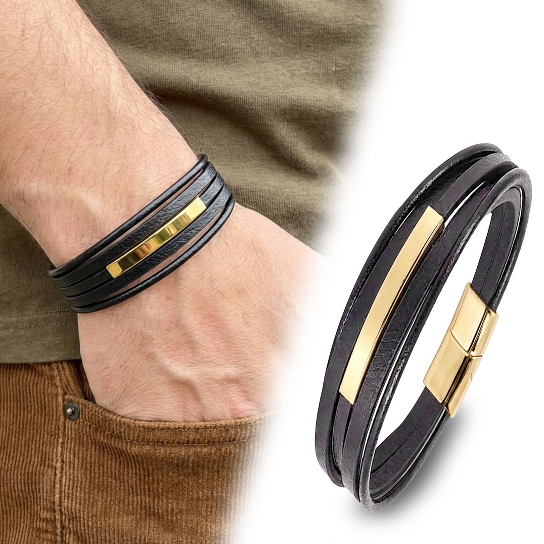 İsim Yazılabilir Sarı Titanyum Plakalı Çoklu Siyah Deri Erkek Bileklik