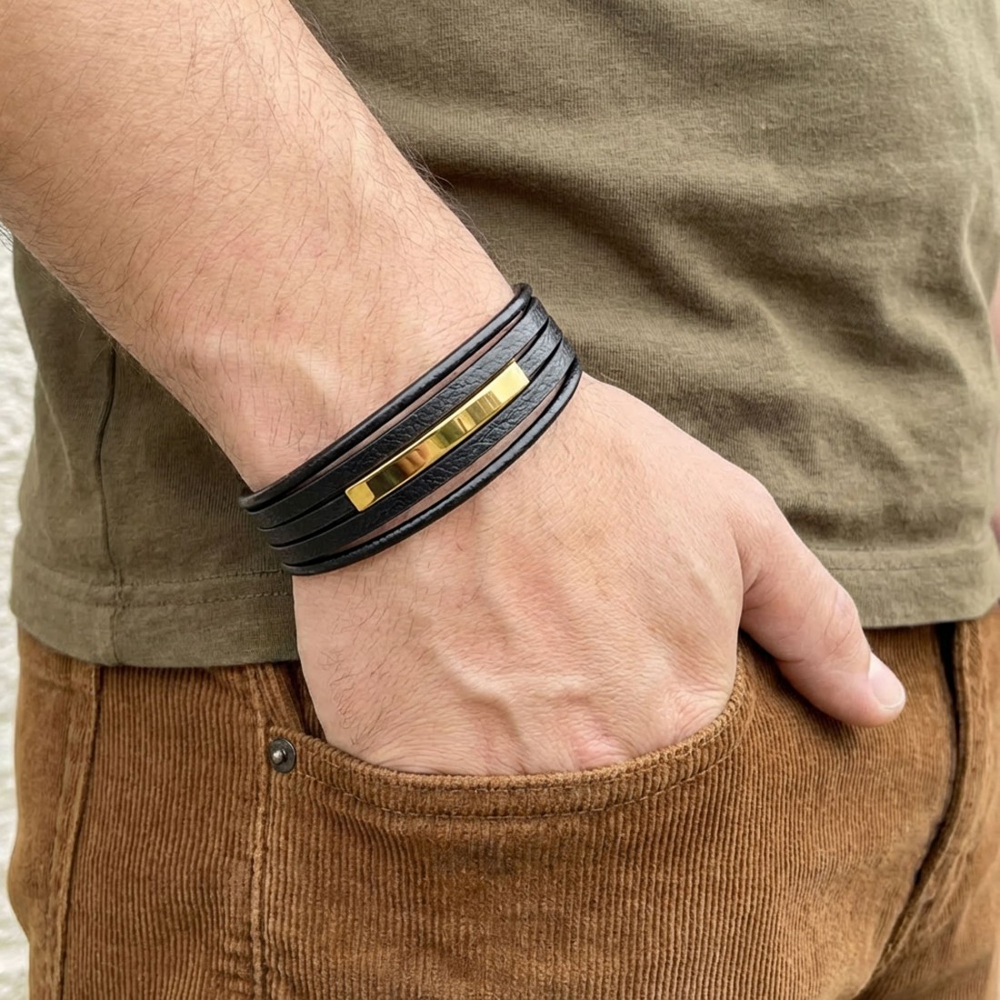 İsim Yazılabilir Sarı Titanyum Plakalı Çoklu Siyah Deri Erkek Bileklik