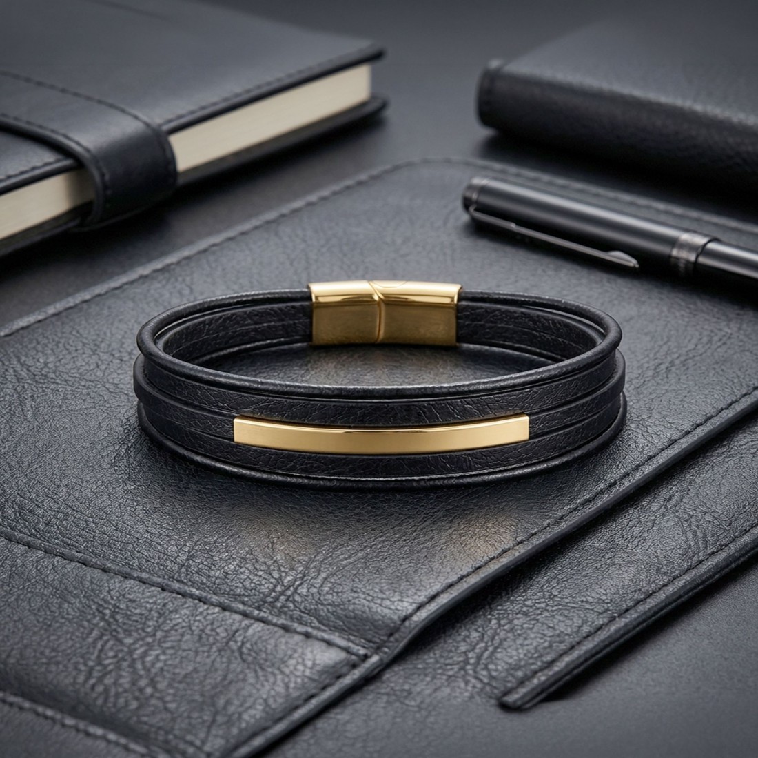 İsim Yazılabilir Sarı Titanyum Plakalı Çoklu Siyah Deri Erkek Bileklik