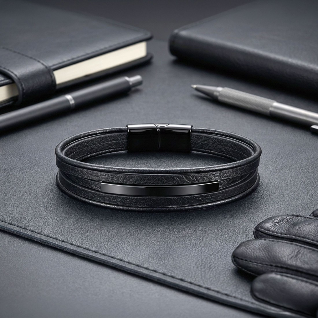 İsim Yazılabilir Siyah Titanyum Plakalı Çoklu Siyah Deri Erkek Bileklik