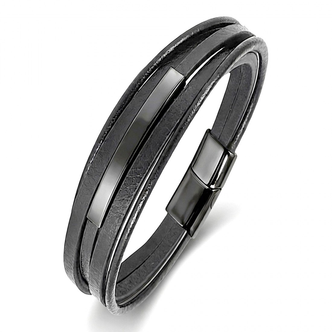 İsim Yazılabilir Siyah Titanyum Plakalı Çoklu Siyah Deri Erkek Bileklik