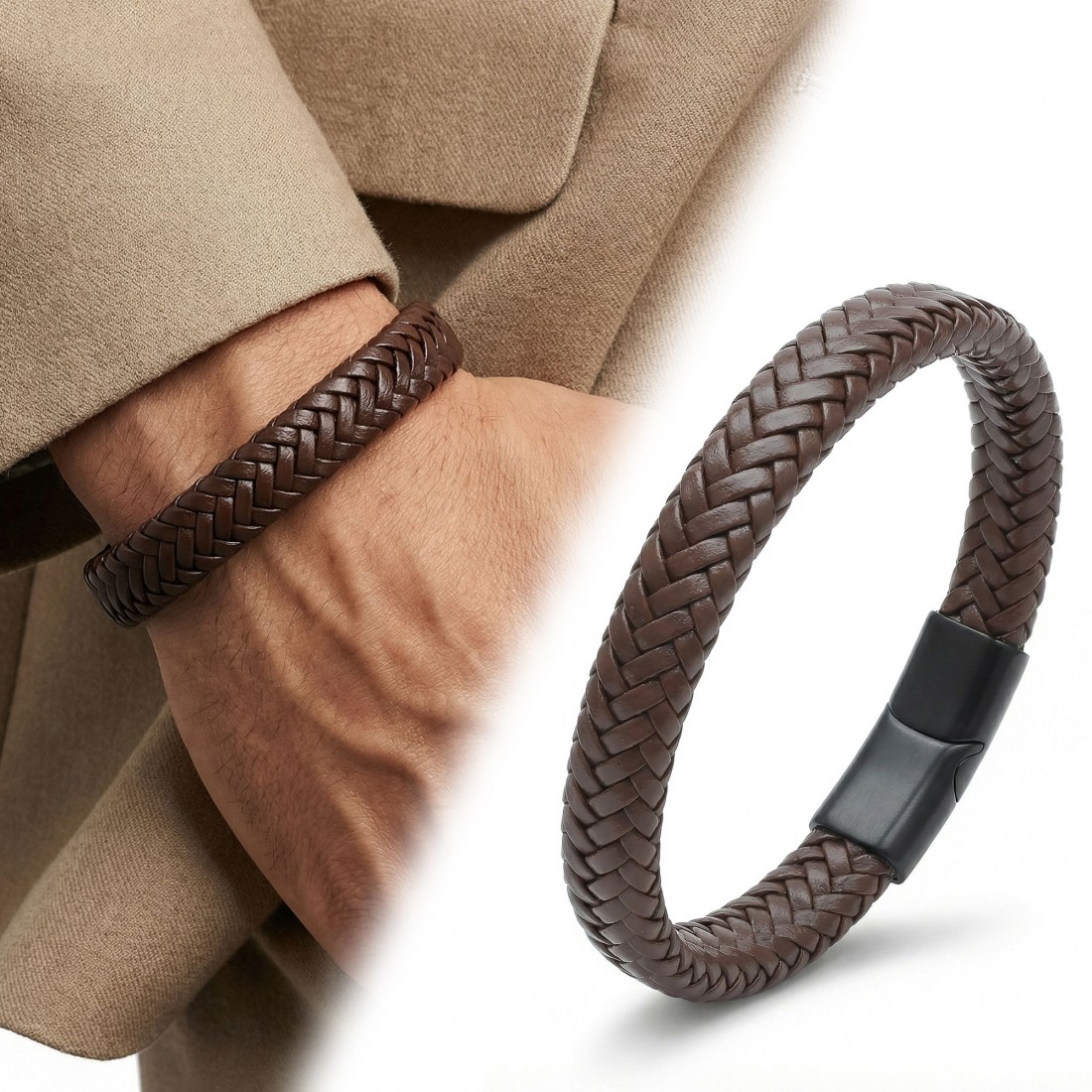 Kahve Deri Örgü Bileklik Zamak Kilit