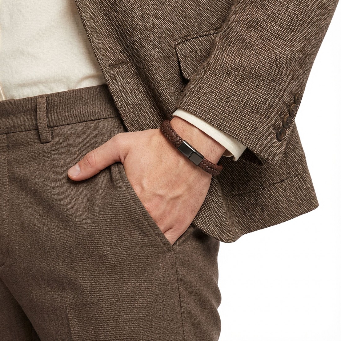 Kahve Deri Örgü Çelik Bileklik