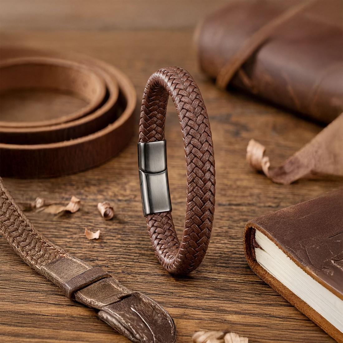 Kahve Deri Örgü Çelik Bileklik