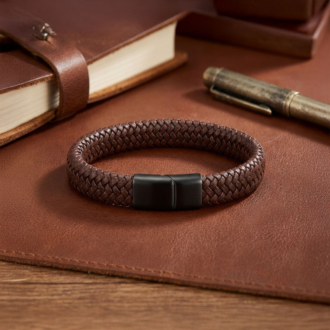 Kahve Deri Örgü Çelik Bileklik