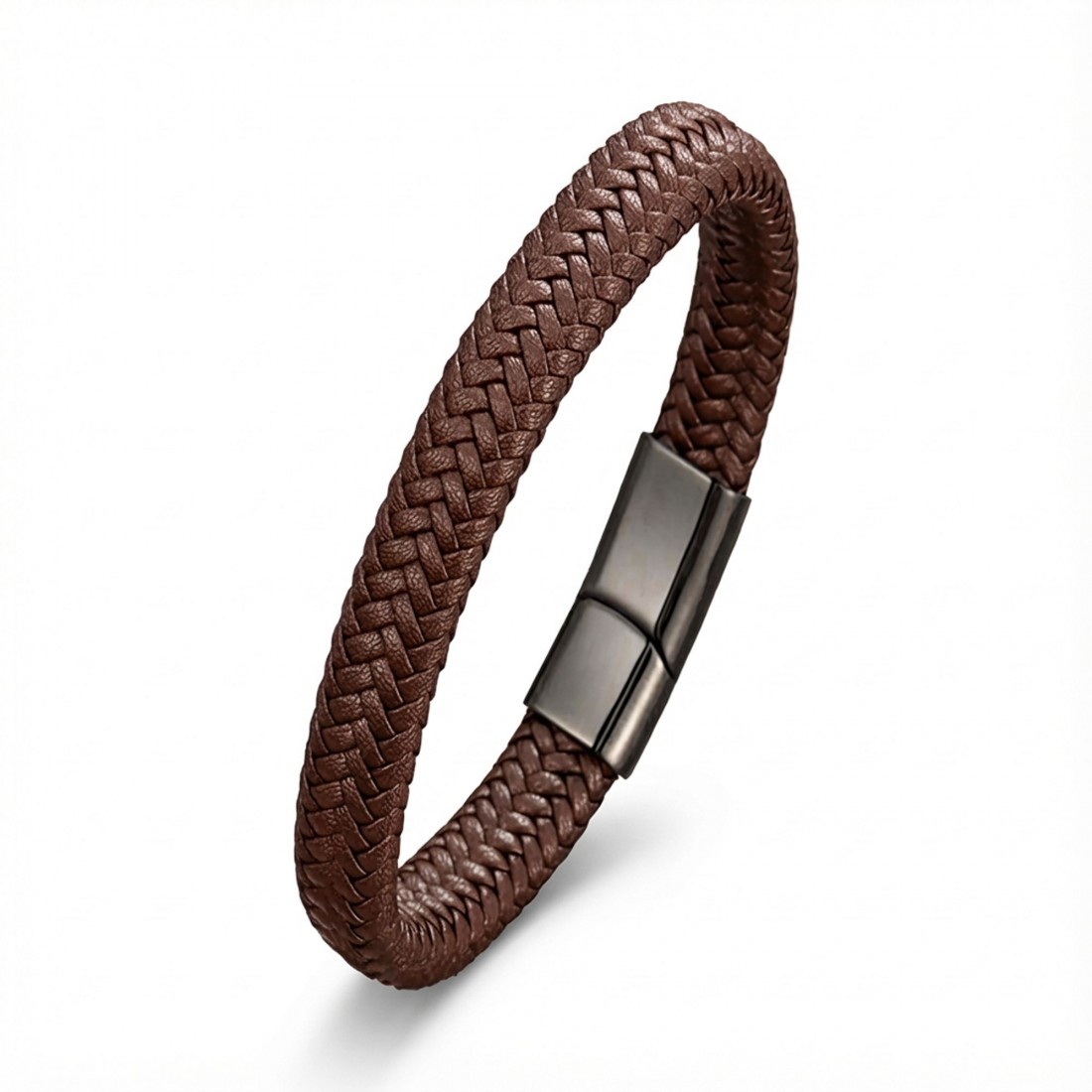 Kahve Deri Örgü Çelik Bileklik