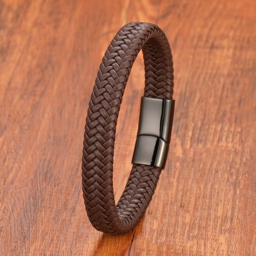 Kahve Deri Örgü Çelik Bileklik