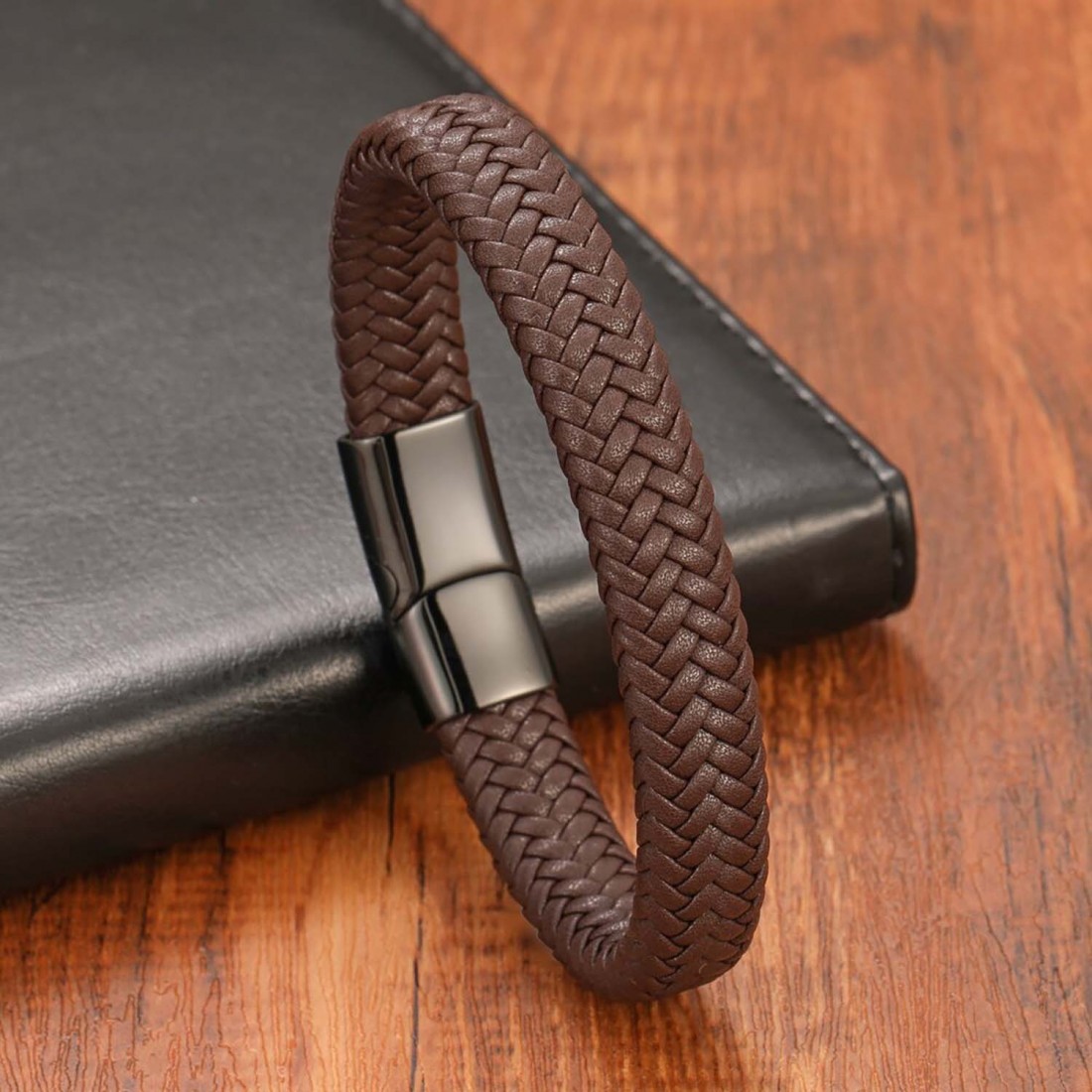 Kahve Deri Örgü Çelik Bileklik