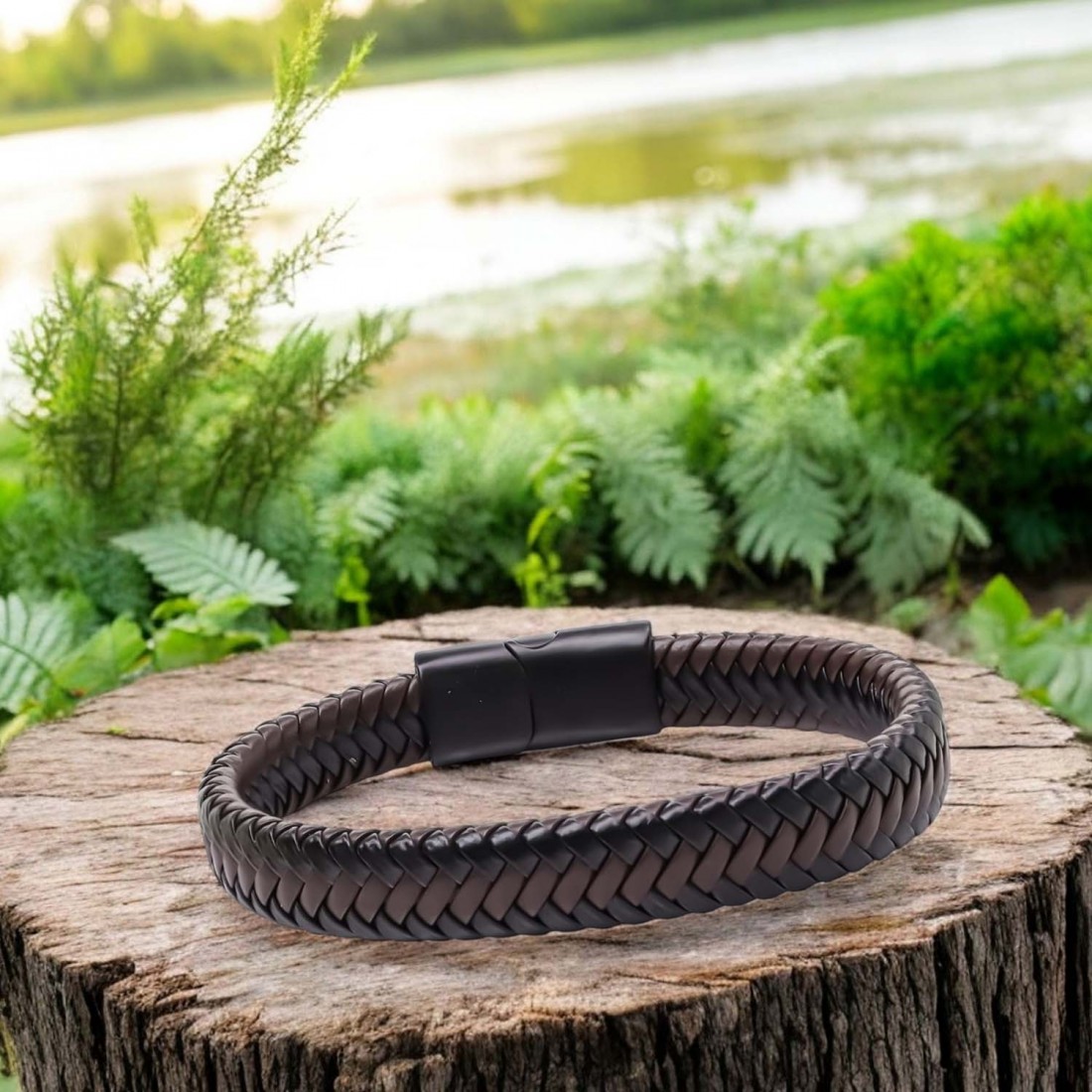 Kahve Deri Örgü Çelik Bileklik