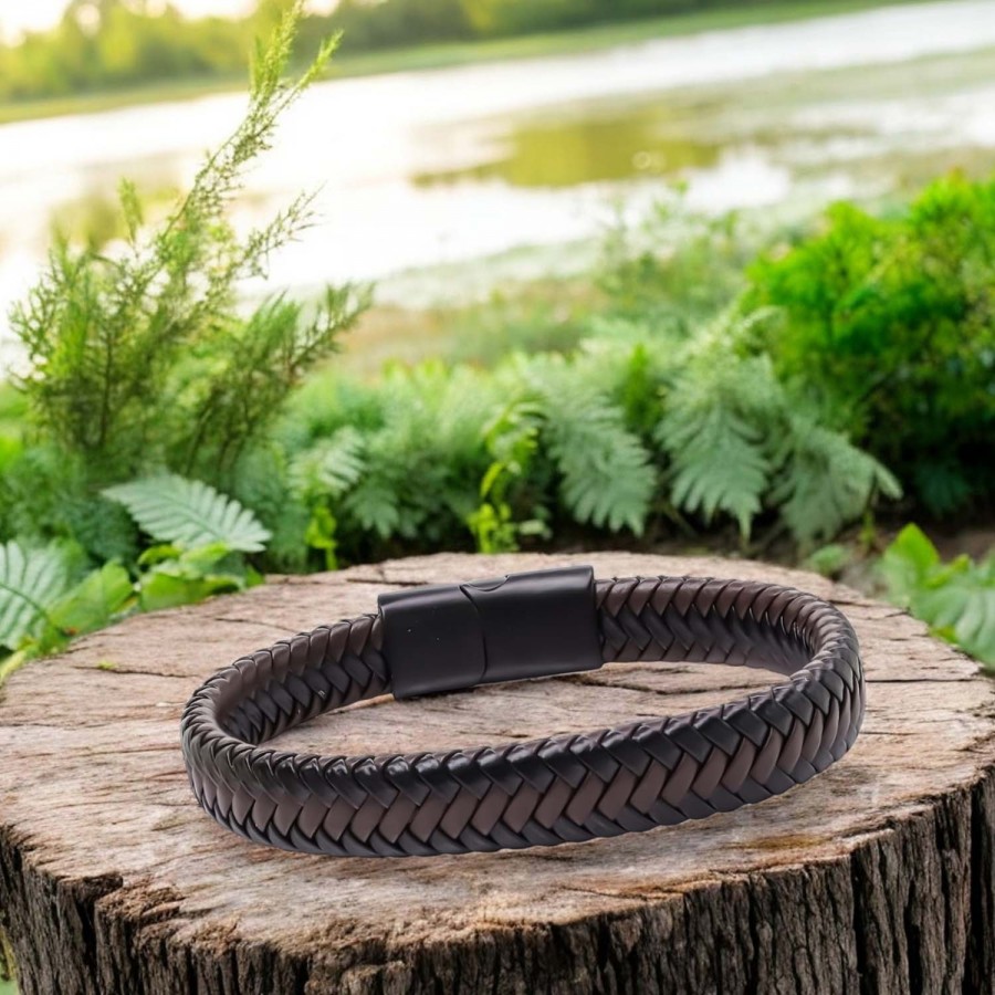 Kahve Deri Örgü Çelik Bileklik