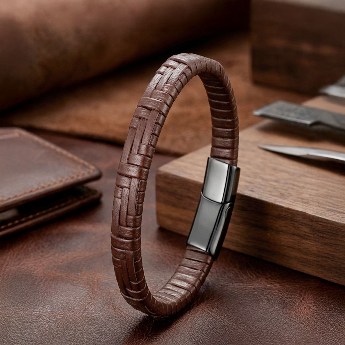 Kahve Deri Örgü Ve Çelik Bileklik