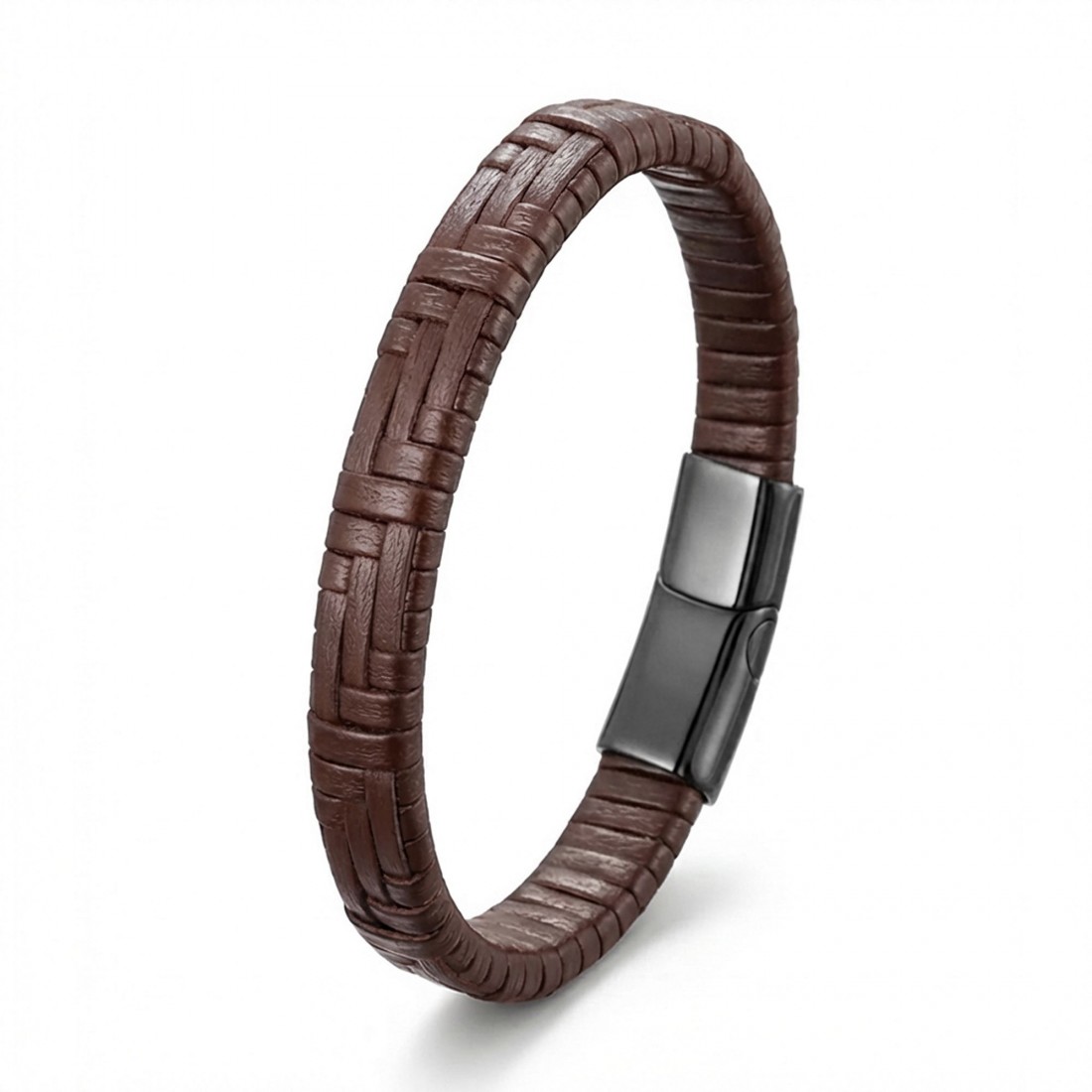 Kahve Deri Örgü Ve Çelik Bileklik