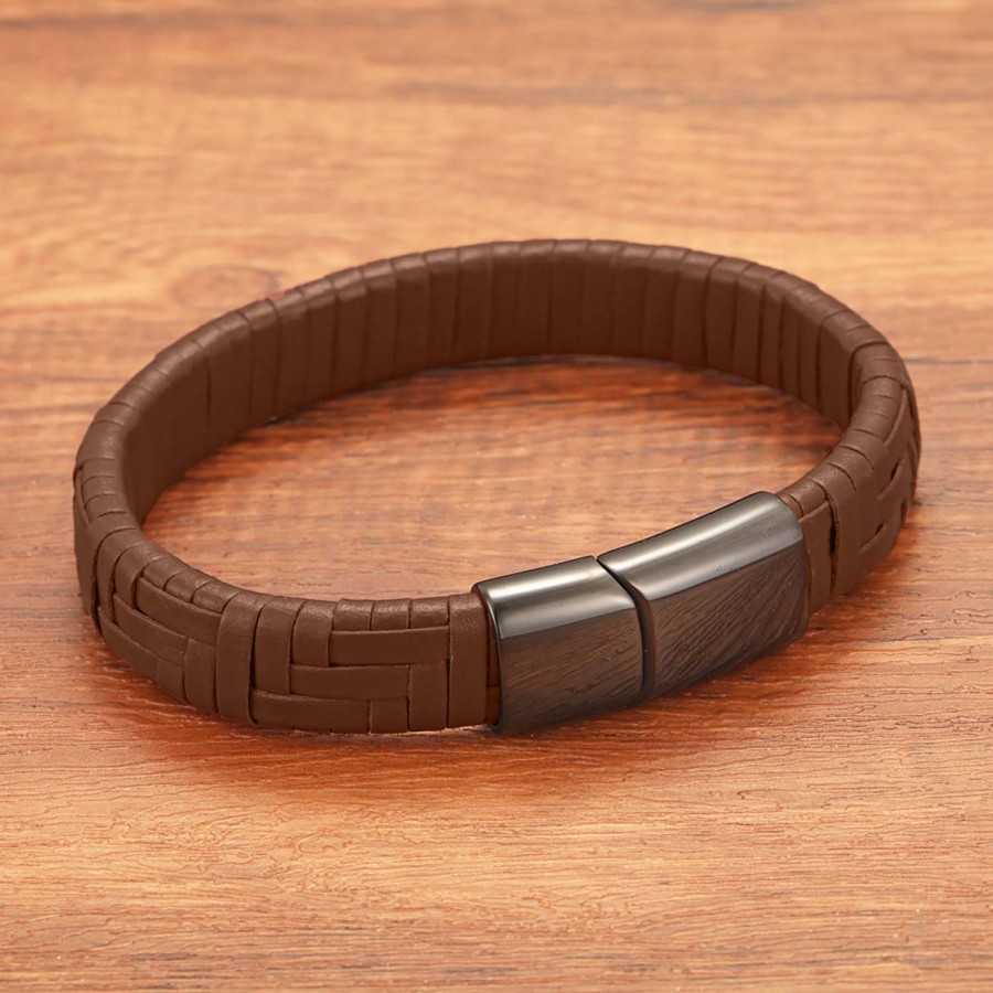 Kahve Deri Örgü Ve Çelik Bileklik