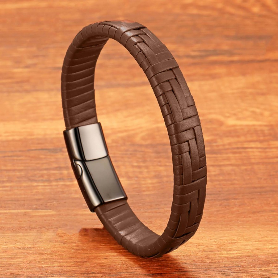 Kahve Deri Örgü Ve Çelik Bileklik