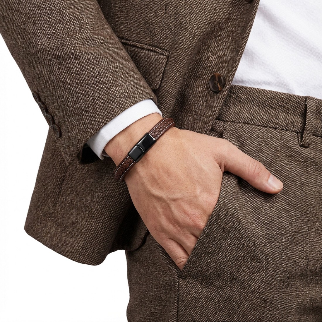 Kahve & Kahve Saç Örgülü Deri Ve Çelik Bileklik