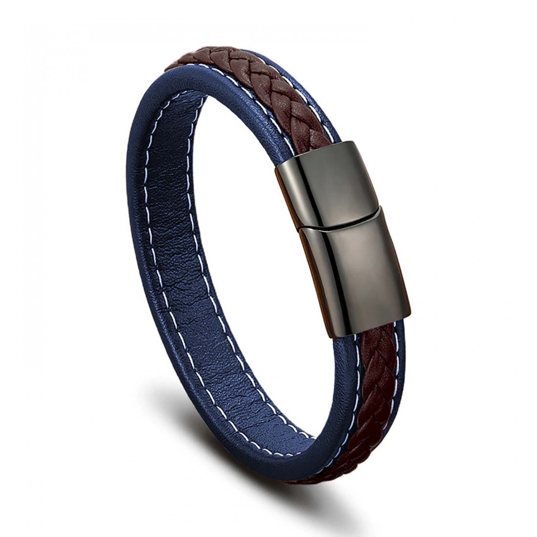 Kahve & Lacivert Saç Örgülü Deri Ve Çelik Bileklik