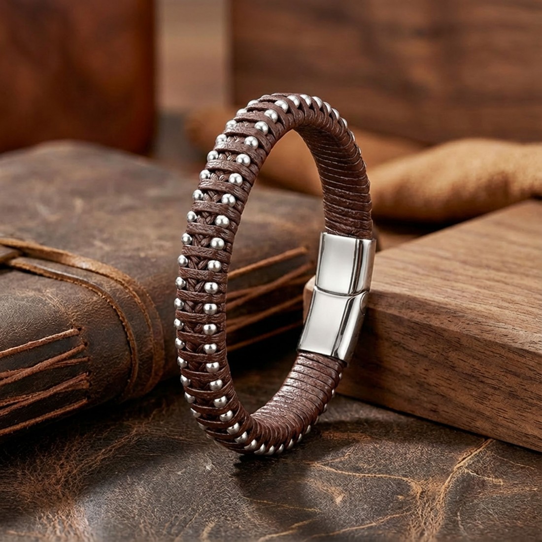 Kahve Rengi Deri Ve Damla Çelik Zincirli Bileklik