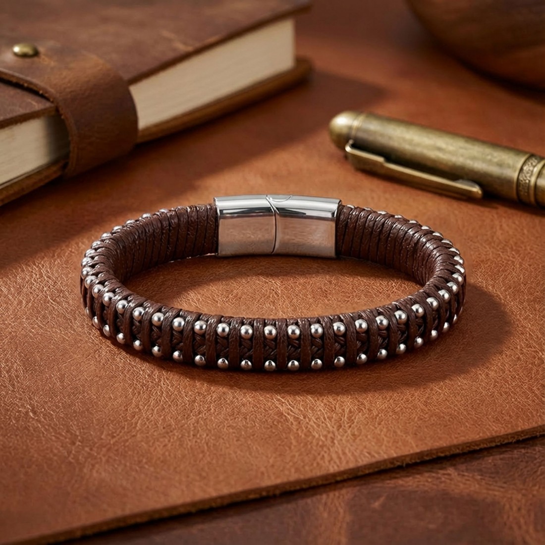 Kahve Rengi Deri Ve Damla Çelik Zincirli Bileklik