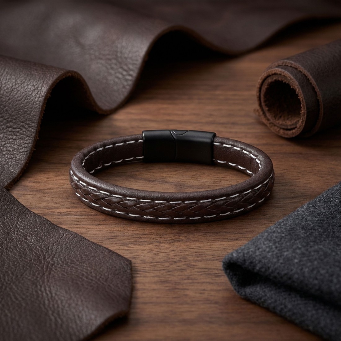 Kahve Saç Örgülü Deri Bileklik Zamak Kilit