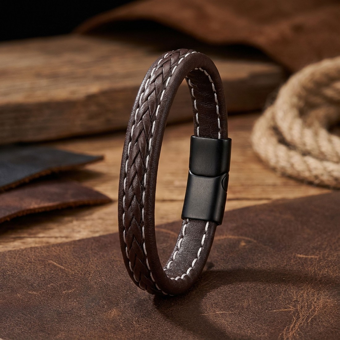 Kahve Saç Örgülü Deri Bileklik Zamak Kilit