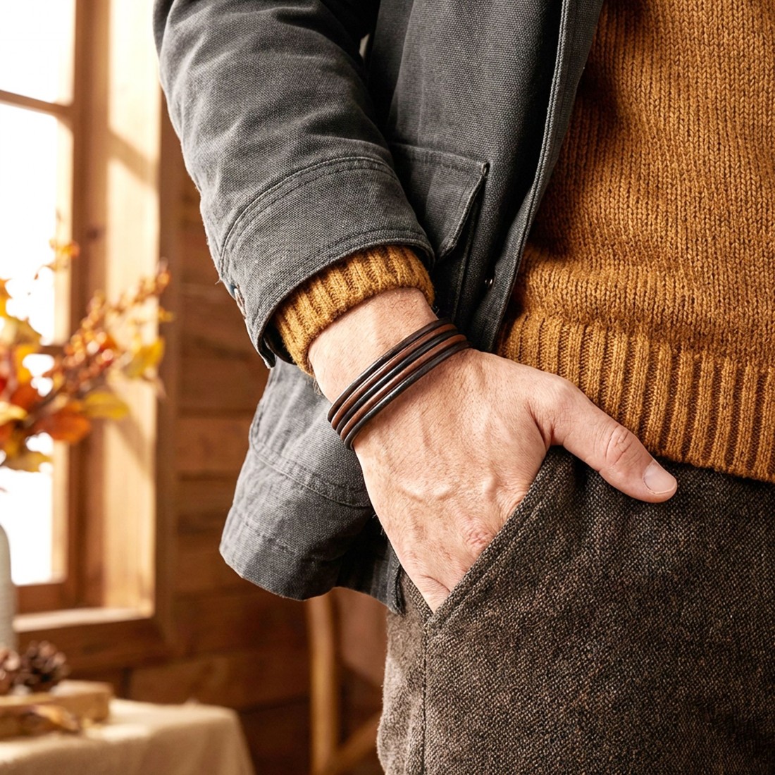 Kahve Siyah Çoklu Deri Ve Titianyum Kilitli Çelik Bileklik