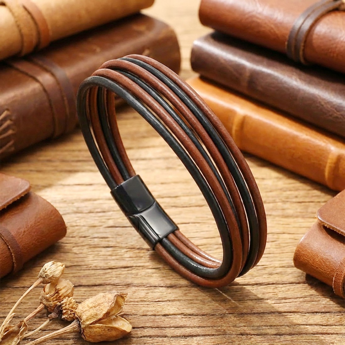 Kahve Siyah Çoklu Deri Ve Titianyum Kilitli Çelik Bileklik