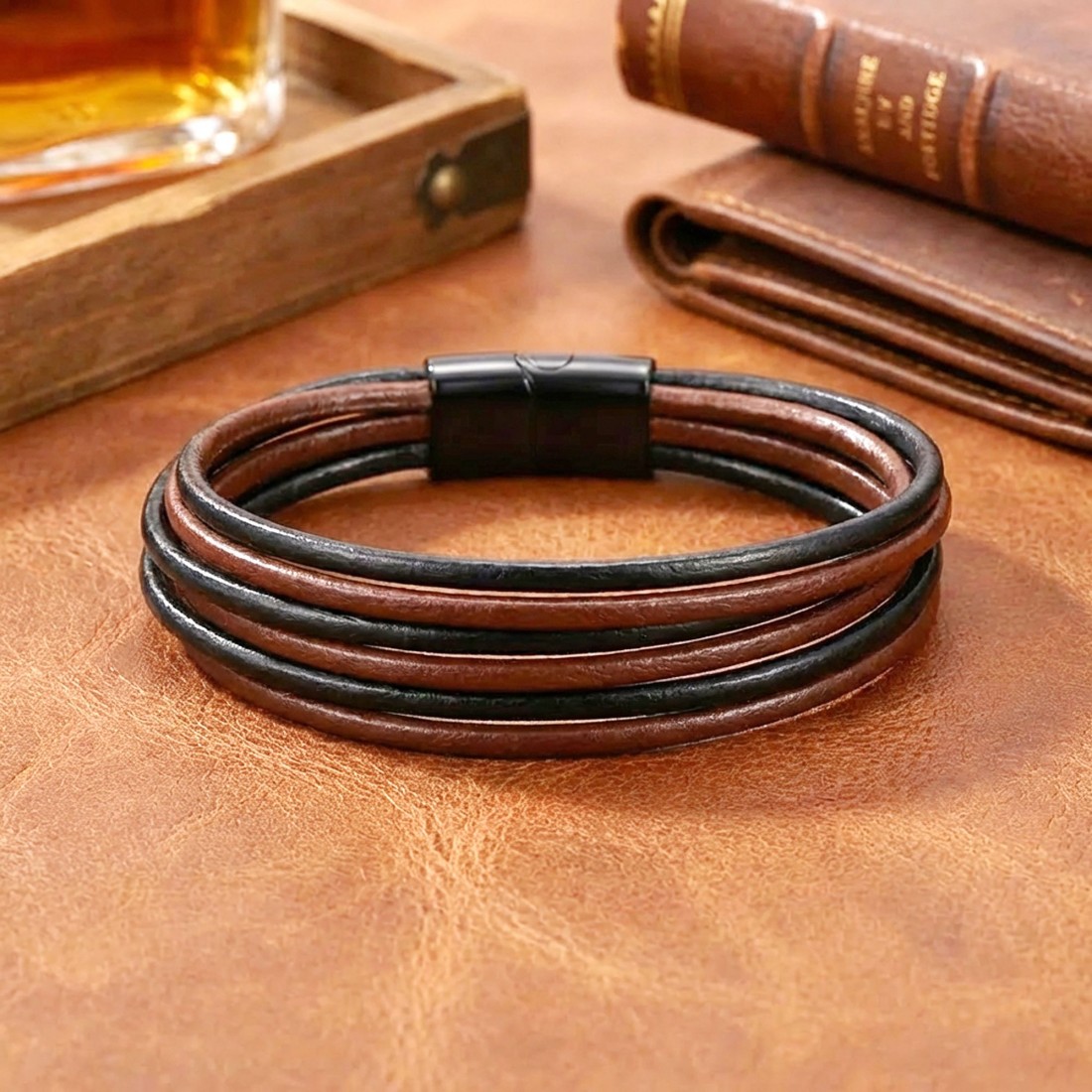 Kahve Siyah Çoklu Deri Ve Titianyum Kilitli Çelik Bileklik