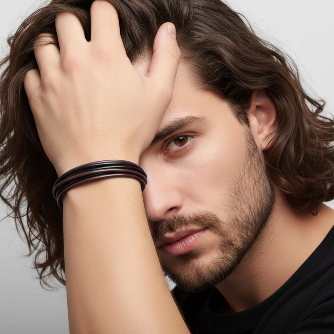 Kahve Siyah Çoklu Deri Ve Titianyum Kilitli Çelik Bileklik