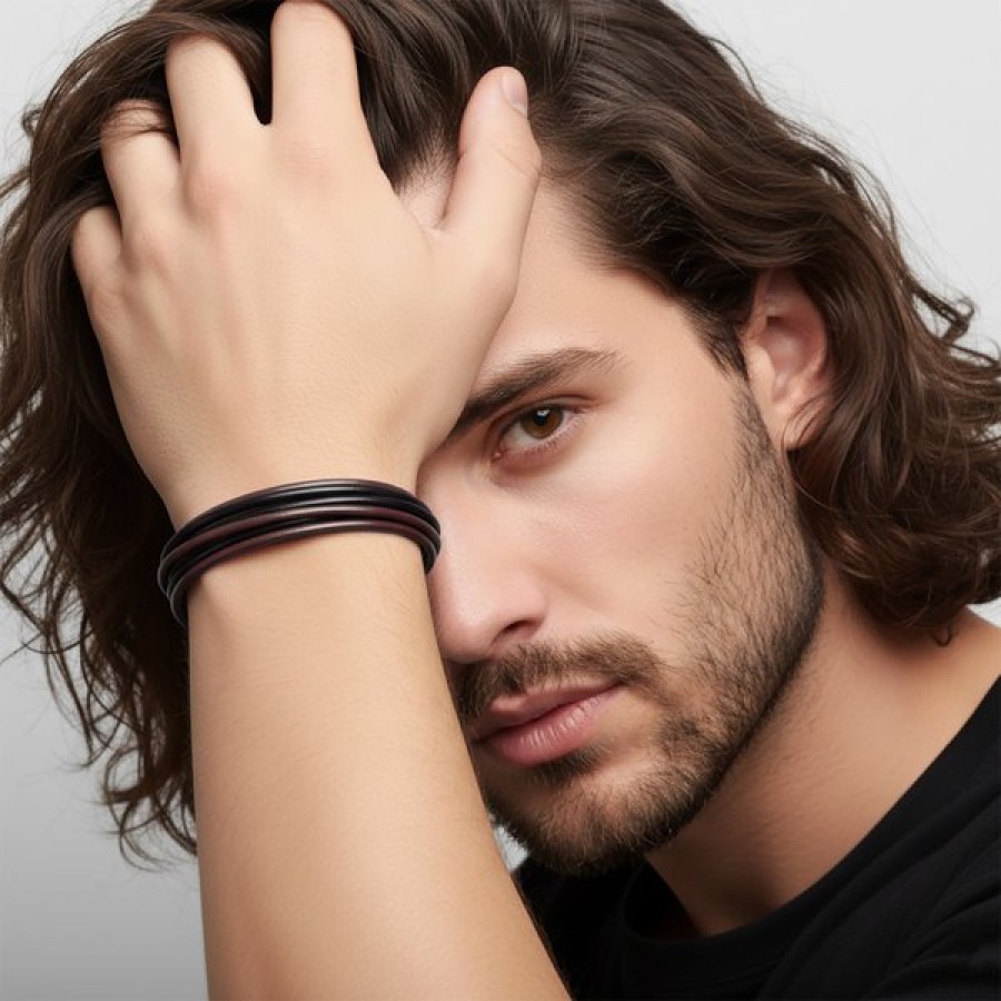 Kahve Siyah Çoklu Deri Ve Titianyum Kilitli Çelik Bileklik