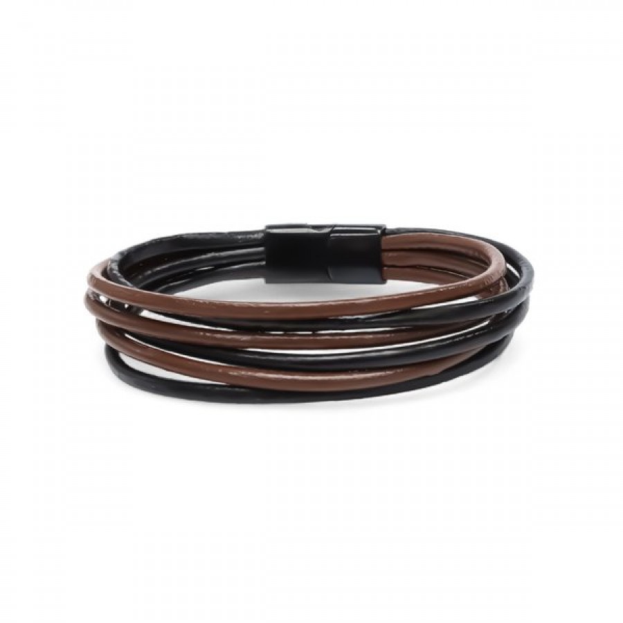 Kahve Siyah Çoklu Deri Ve Titianyum Kilitli Çelik Bileklik