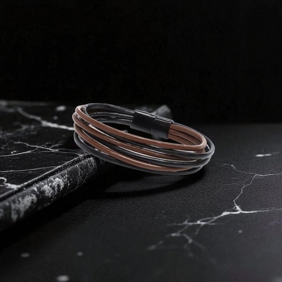 Kahve Siyah Çoklu Deri Ve Titianyum Kilitli Çelik Bileklik