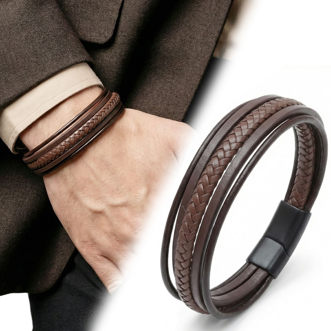 Kahve Tüp Örgü Ve Çoklu Deri Bileklik - Zamak Kilit