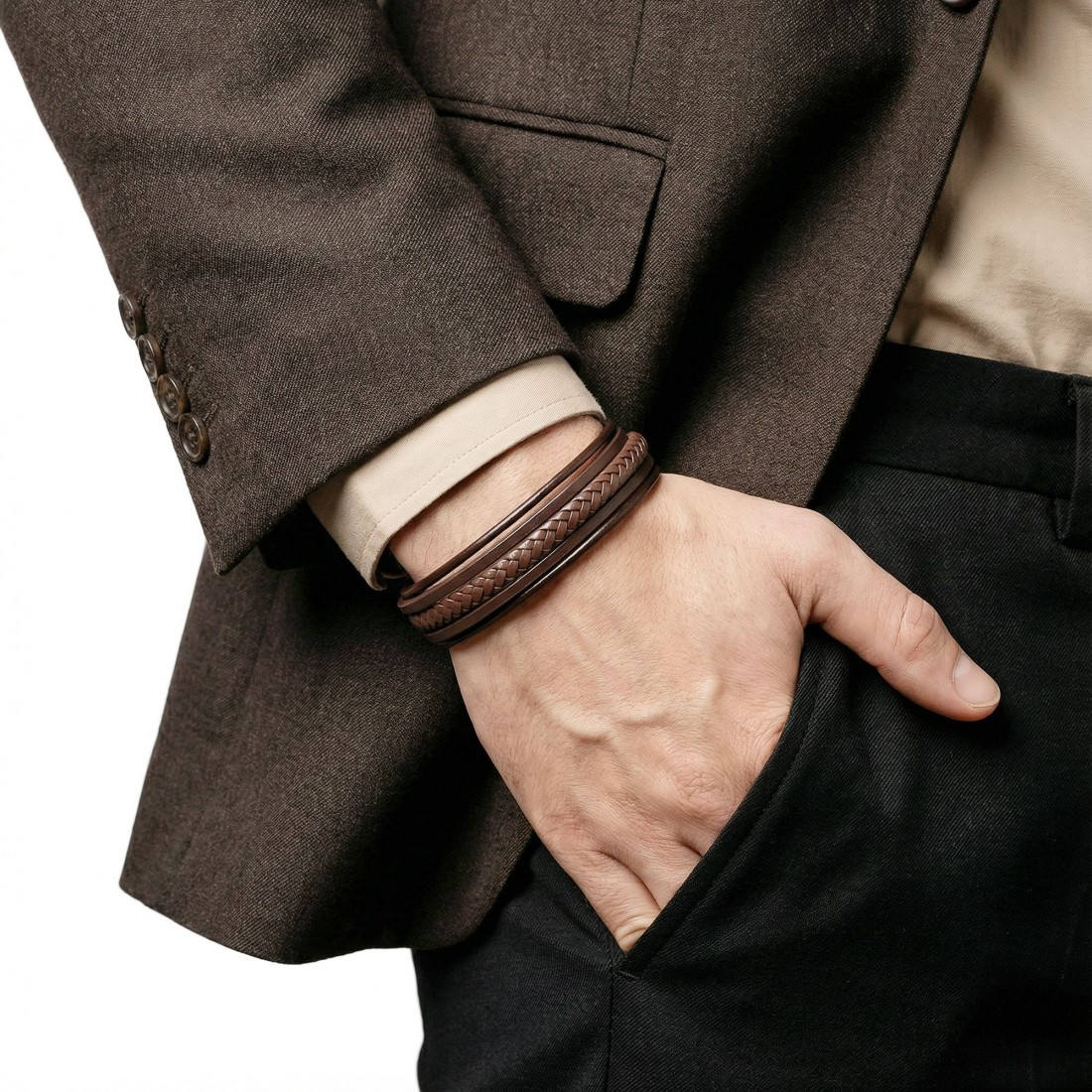 Kahve Tüp Örgü Ve Çoklu Deri Bileklik - Zamak Kilit