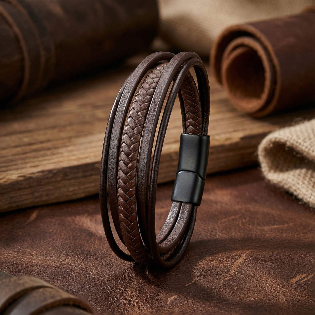 Kahve Tüp Örgü Ve Çoklu Deri Bileklik - Zamak Kilit