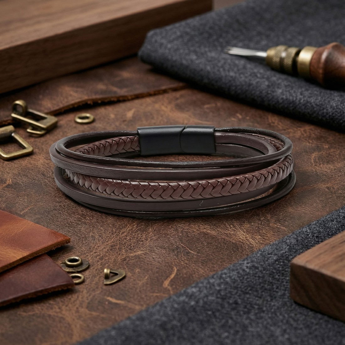 Kahve Tüp Örgü Ve Çoklu Deri Bileklik - Zamak Kilit