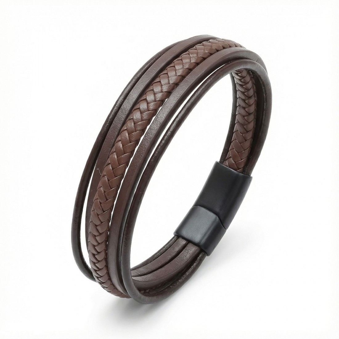 Kahve Tüp Örgü Ve Çoklu Deri Bileklik - Zamak Kilit