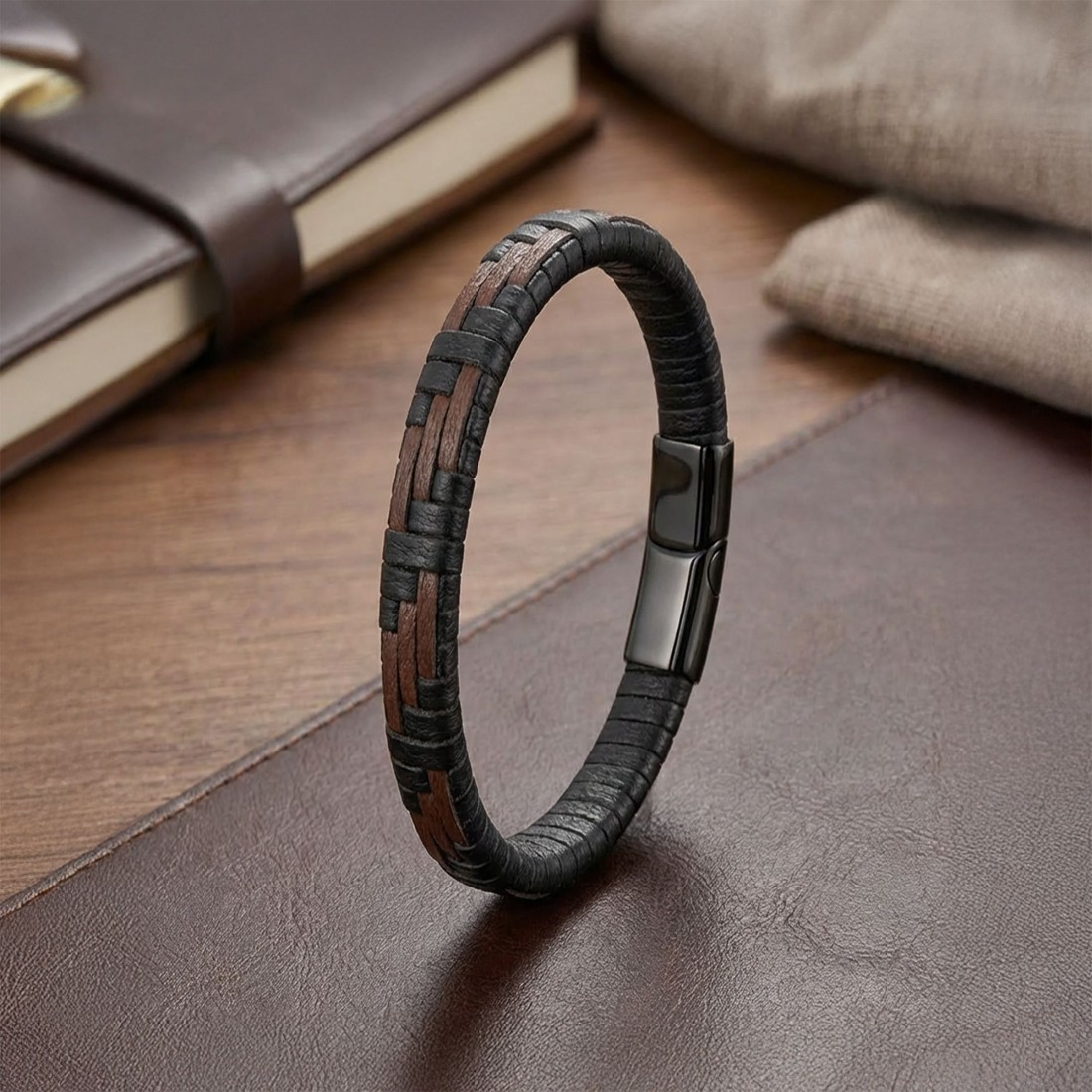 Kahve Ve Siyah Deri Örgü Ve Çelik Bileklik