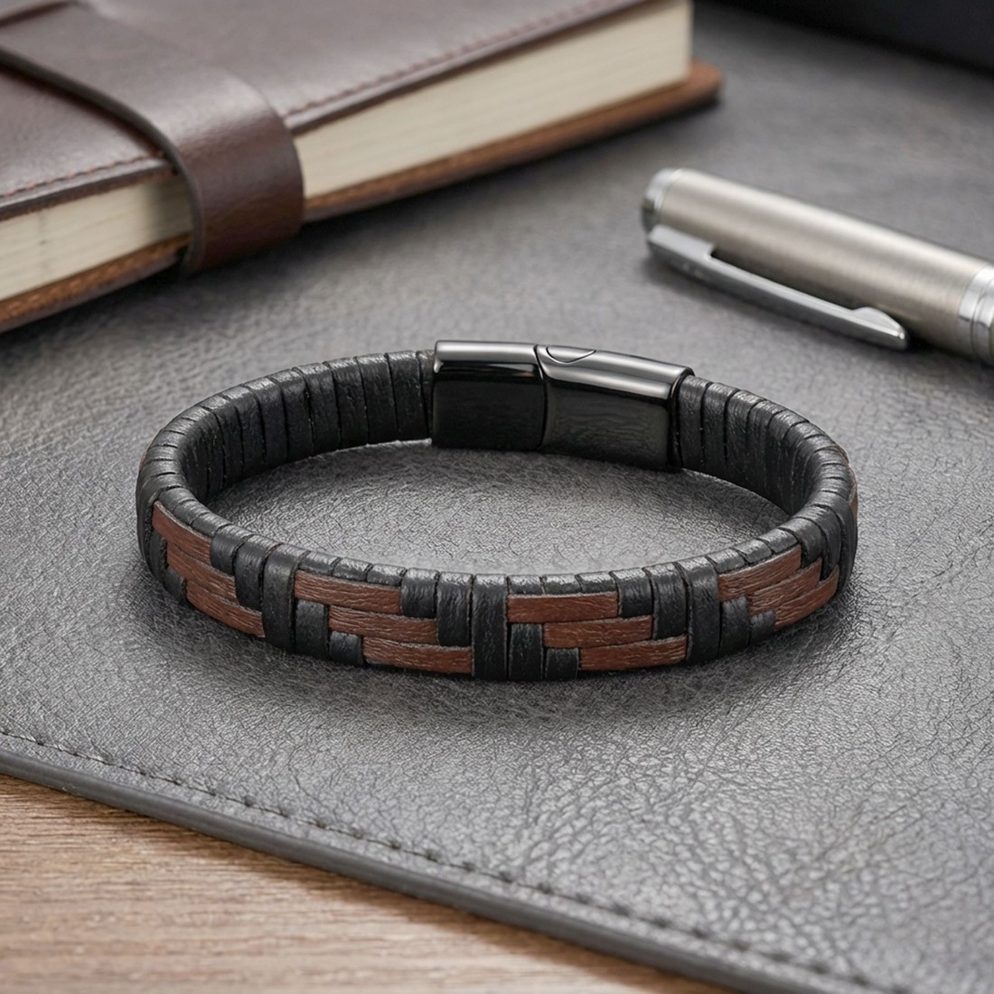 Kahve Ve Siyah Deri Örgü Ve Çelik Bileklik